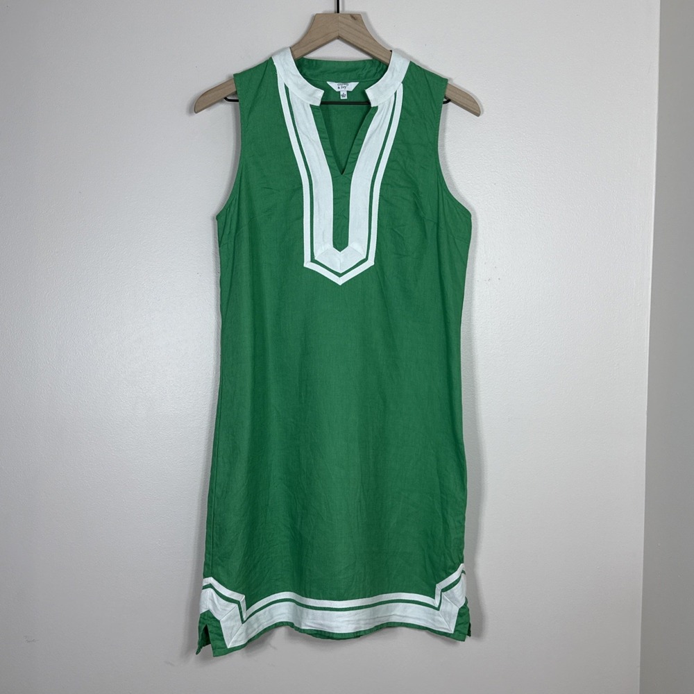 Crown & Ivy 100% Linen Dress Size 4 Green White Contrast Preppy Summer Coastal